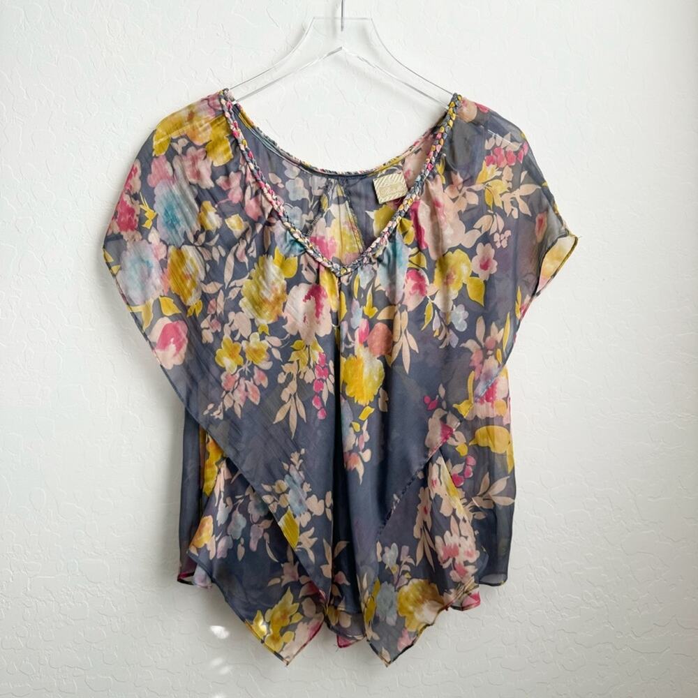 Postella Silk Floral Flowy Top Braided Neckline